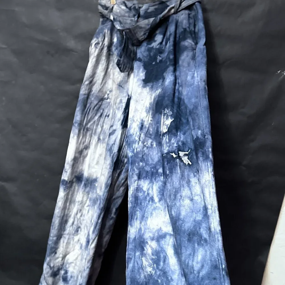 H&M Tie Dyed Cotton Black Pants Blue Size 8  Wide Legged Trousers Slacks Cotton